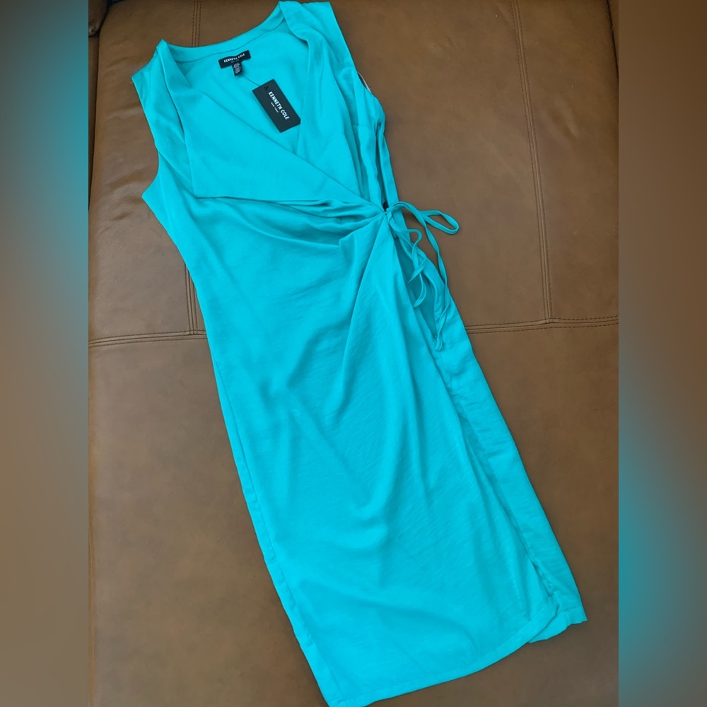 NWT Kenneth Cole NY Silky Wrap Dress, Fully Lined, XS, Flap Detail, Aqua/Seafoam